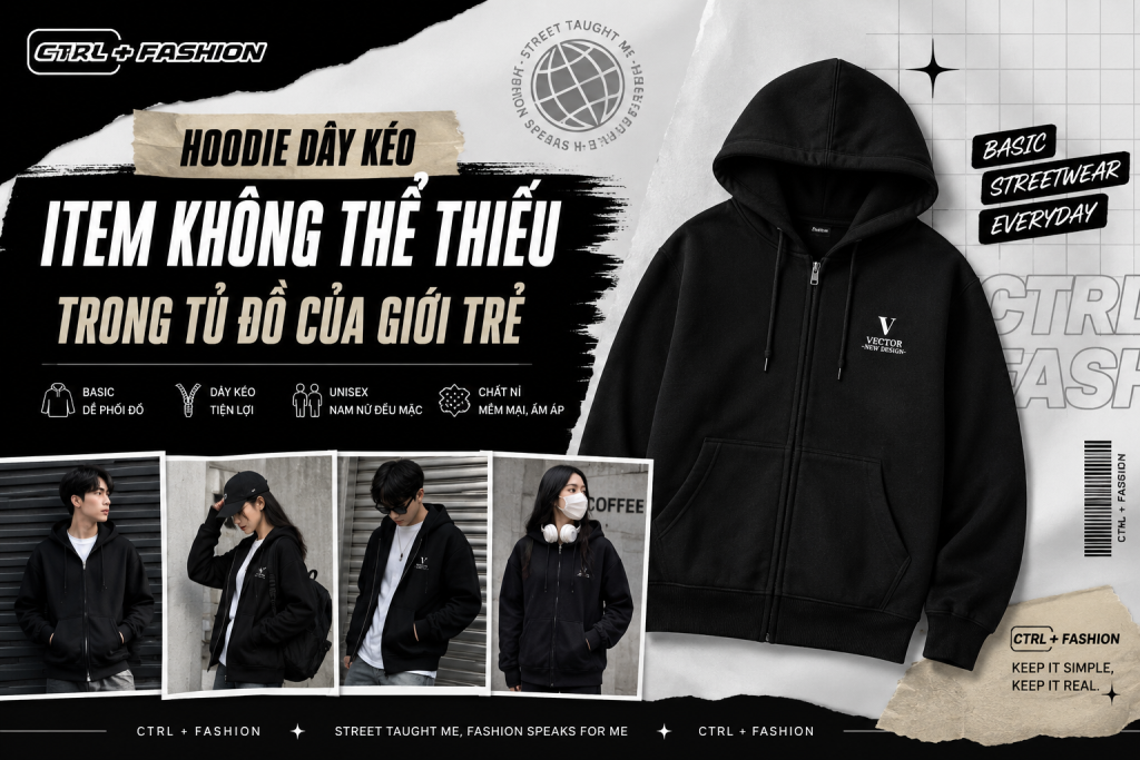 Hoodie dây kéo basic màu đen phong cách streetwear của CTRL FASHION
